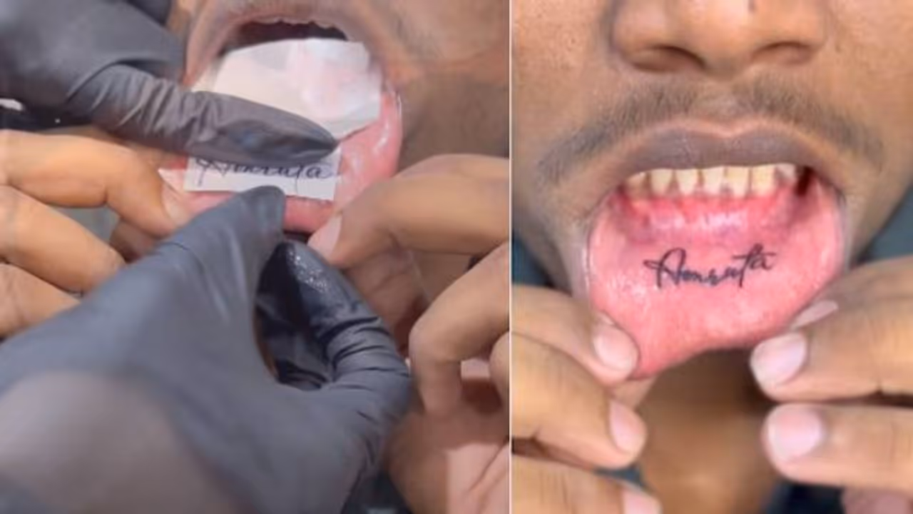 ഉഫ് വേറെ ലെവൽ പ്രേമം തന്നെ; കാമുകിയുടെ പേര് ചുണ്ടിനകത്ത് ടാറ്റൂ ചെയ്ത് യുവാവ്