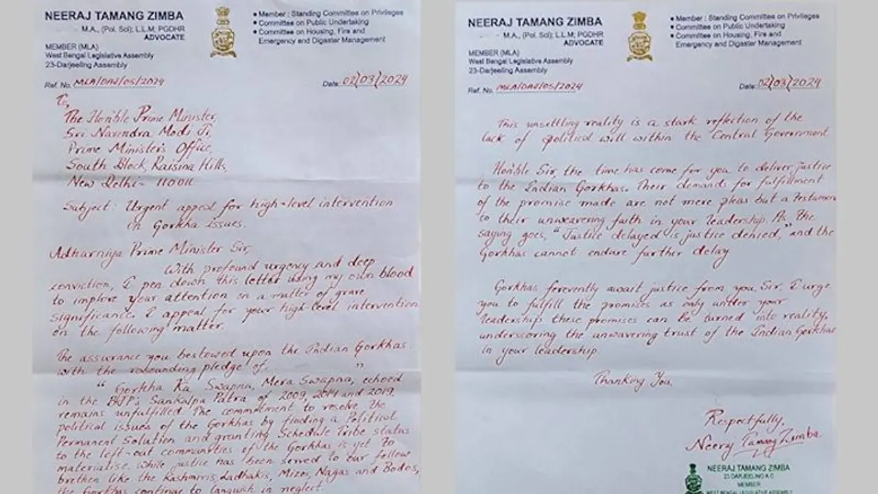 Darjeeling BJP MLA writes letter to PM Modi in blood to remind him of promise on Gorkha issues; read here Darjeeling BJP MLA writes letter to PM Modi in blood to remind him of promise on Gorkha issues; read here