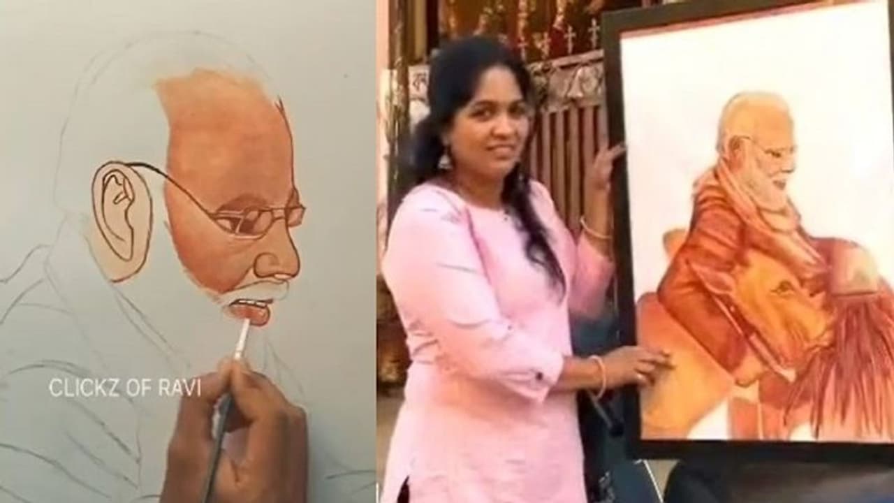 பிரதமர் மோடியின் உருவப்படத்தை ரத்தத்தால் வரைந்த பெண்! பிரதமர் மோடியின் உருவப்படத்தை ரத்தத்தால் வரைந்த பெண்!