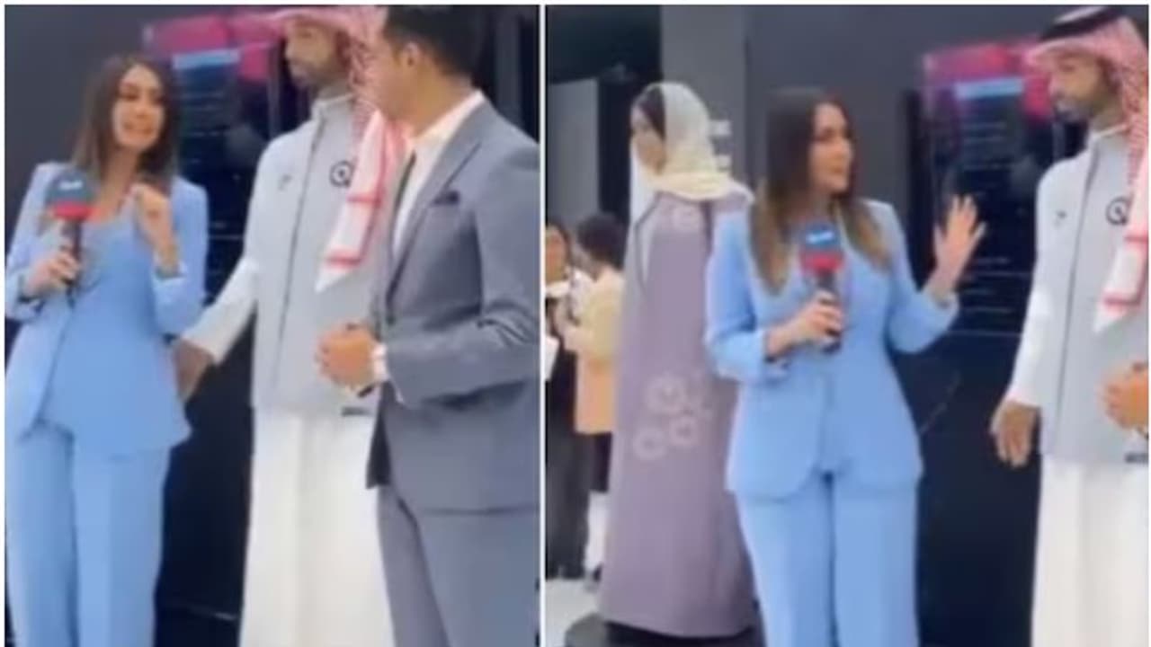 വനിത റിപ്പോർട്ടറുടെ ദേഹത്ത് കൈ കൊണ്ട് തൊടുന്ന റോബോട്ട്; സൗദിയുടെ ആദ്യ പുരുഷ റോബോട്ട് വിവാ​ദത്തിൽ, വീഡിയോ