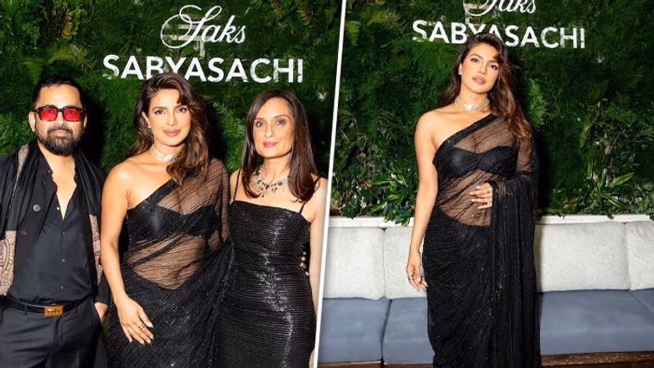 Photos: Priyanka Chopra poses with Sabyasachi Mukherjee in California wearing his design black saree Photos: Priyanka Chopra poses with Sabyasachi Mukherjee in California wearing his design black saree