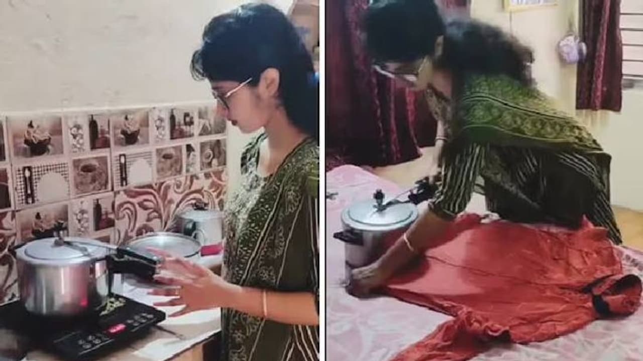 ഇന്ത്യക്കാര്ക്കേ പറ്റൂ, പ്രഷർ കുക്കർ വച്ച് ഇസ്തിരിയിട്ട് യുവതി, മൂക്കത്തുവിരൽവച്ച് നെറ്റിസൺസ് ഇന്ത്യക്കാര്ക്കേ പറ്റൂ, പ്രഷർ കുക്കർ വച്ച് ഇസ്തിരിയിട്ട് യുവതി, മൂക്കത്തുവിരൽവച്ച് നെറ്റിസൺസ്