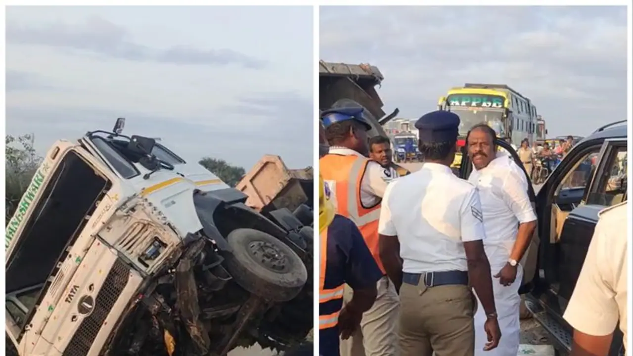 விழுப்புரத்தில் 20 அடி பள்ளத்தில் தொங்கிய லாரி; அவசரம் தாங்காமல் அதிகாரிகளோடு மல்லுகட்டிய திமுக எம்எல்ஏ விழுப்புரத்தில் 20 அடி பள்ளத்தில் தொங்கிய லாரி; அவசரம் தாங்காமல் அதிகாரிகளோடு மல்லுகட்டிய திமுக எம்எல்ஏ