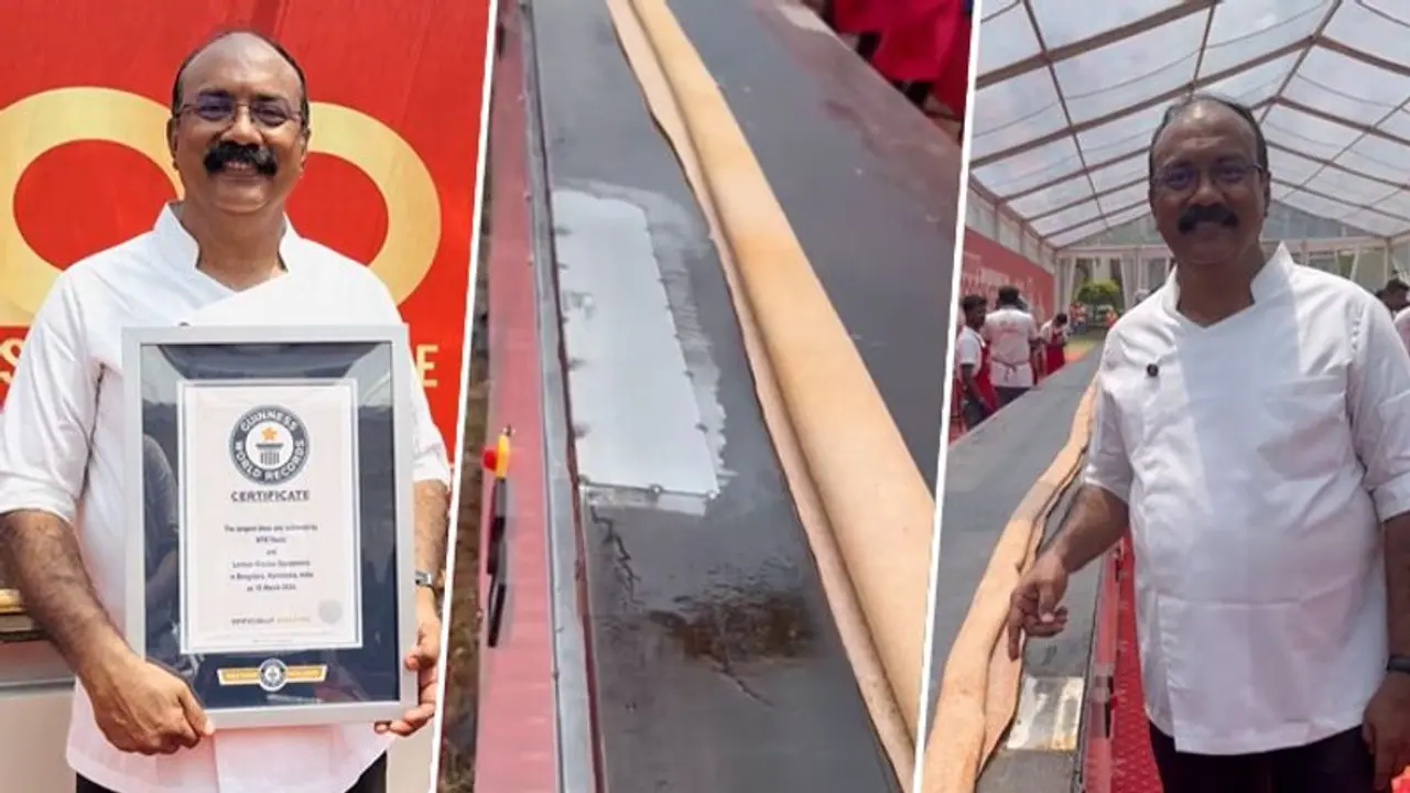 Karnataka: World record set for 123 foot long dosa set in Bengaluru's Bommasandra (WATCH) Karnataka: World record set for 123 foot long dosa set in Bengaluru's Bommasandra (WATCH)