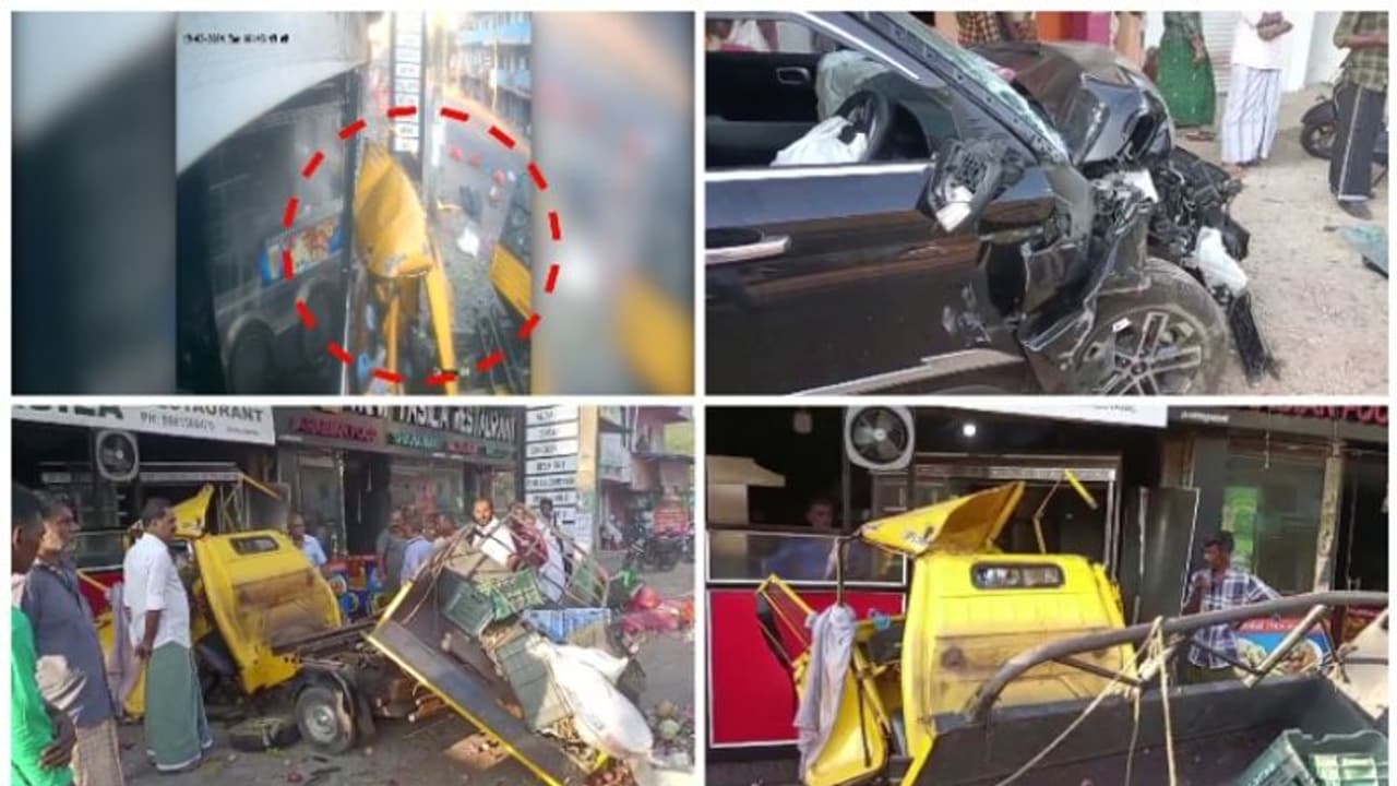 പെട്ടി ഓട്ടോയെ ഇടിച്ചു തെറിപ്പിച്ച് കാർ; റോഡിന്റെ സൈഡില്‍ നിന്ന ആൾ ഉൾപ്പെടെ 3 പേർക്ക് പരിക്ക്