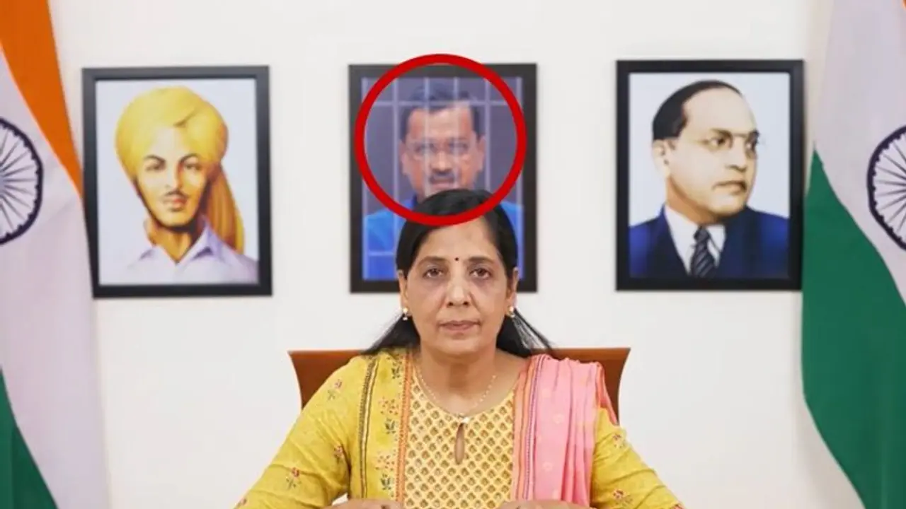 Sunita Kejriwal's address grabs attention with photo of 'Delhi CM in jail' alongside Bhagat Singh, Ambedkar Sunita Kejriwal's address grabs attention with photo of 'Delhi CM in jail' alongside Bhagat Singh, Ambedkar