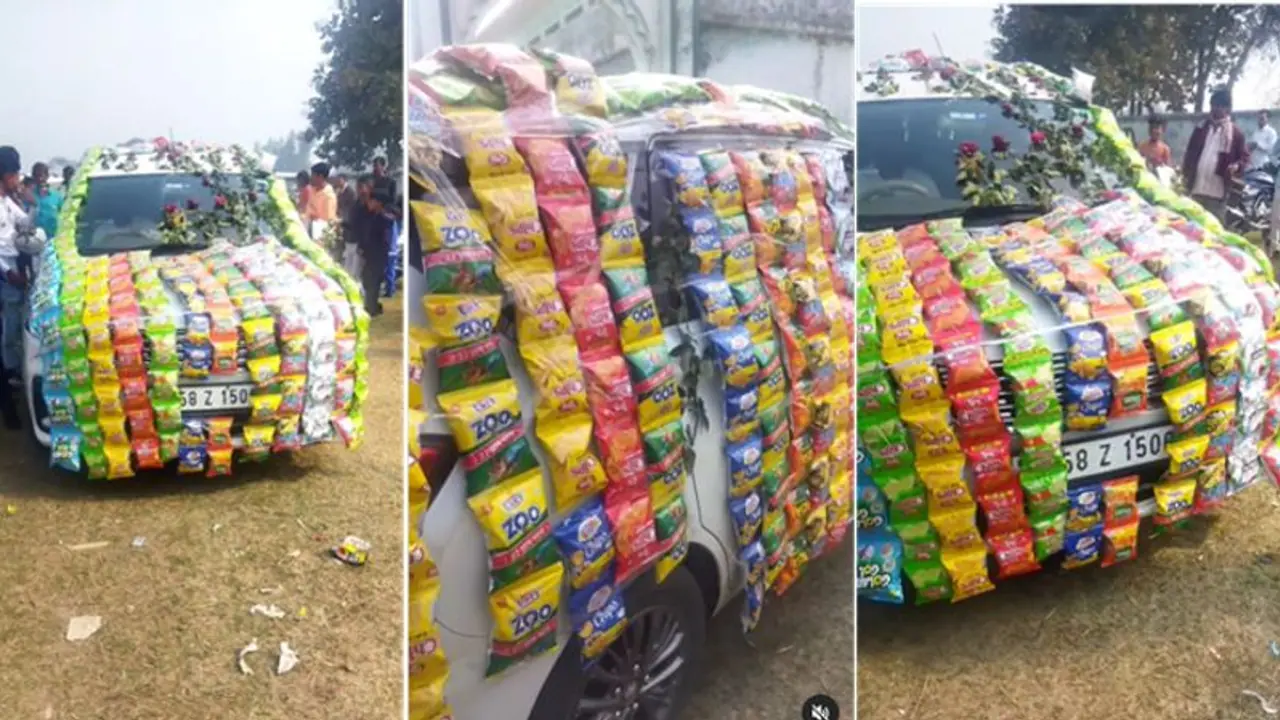 Video Viral ಚಿಪ್ಸ್ ಪ್ಯಾಕೆಟ್ನಲ್ಲಿ ಅಲಂಕರಿಸಿದ ಕಾರಿನಲ್ಲಿ ಮಂಟಪಕ್ಕೆ ಆಗಮಿಸಿದ ಮಧುಮಗ! Video Viral ಚಿಪ್ಸ್ ಪ್ಯಾಕೆಟ್ನಲ್ಲಿ ಅಲಂಕರಿಸಿದ ಕಾರಿನಲ್ಲಿ ಮಂಟಪಕ್ಕೆ ಆಗಮಿಸಿದ ಮಧುಮಗ!