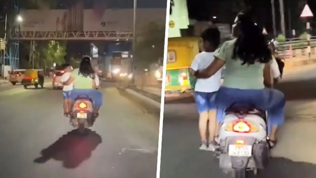 SHOCKING! Bengaluru couple rides scooter with child standing on footrest, netizens furious (WATCH)