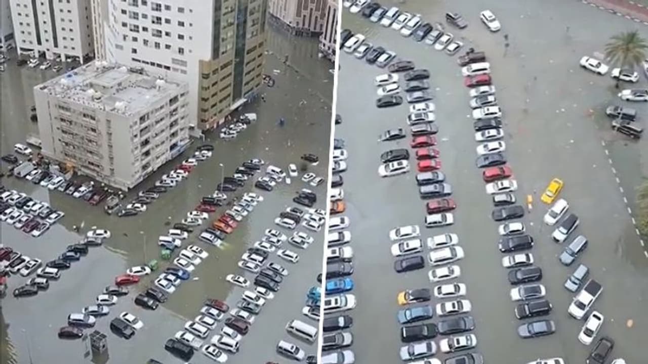 Dubai Floods: Drone footage reveals scores of submerged cars amidst historic rainfall (WATCH) Dubai Floods: Drone footage reveals scores of submerged cars amidst historic rainfall (WATCH)