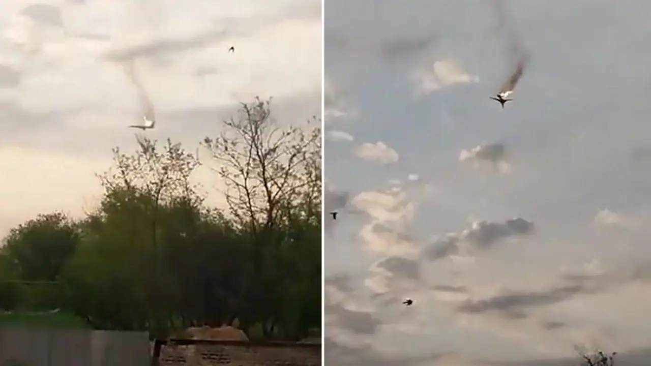 Dramatic! Video of Russian long range supersonic bomber's tail catching fire and crashing goes viral (WATCH)