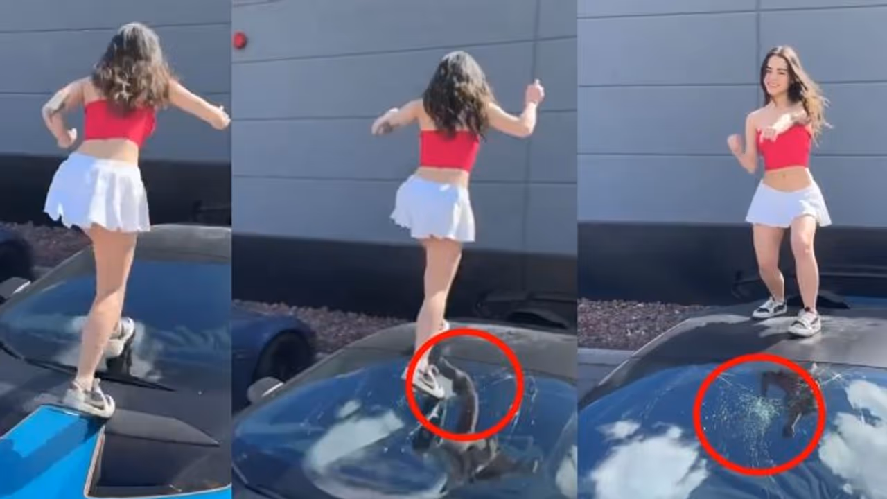 WATCH: Female tiktoker dances on Lamborghini car, breaks windshield instantly; sparks widespread criticism