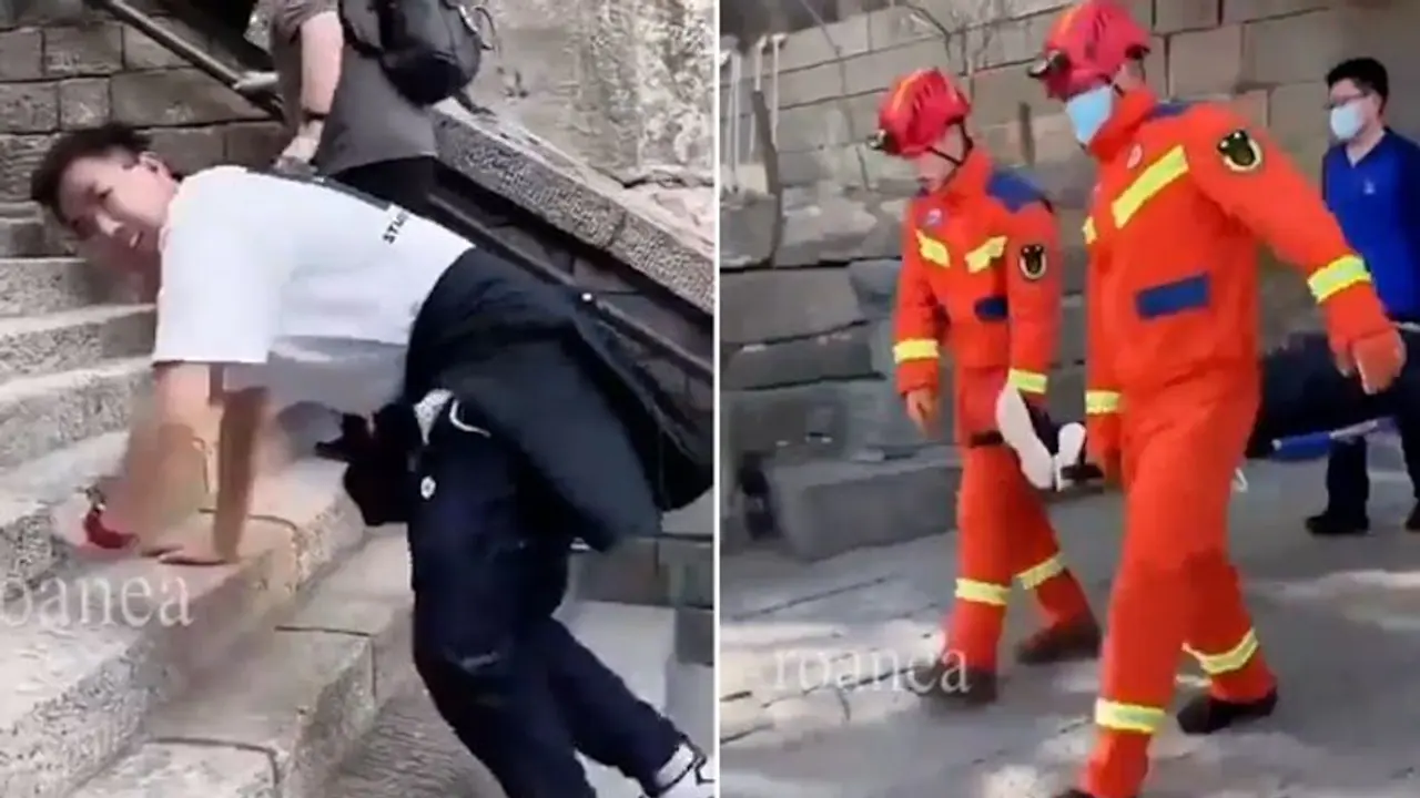 Bizarre! Viral video shows people in China struggle with 'jiggly' legs after 6600 steps climb (WATCH)