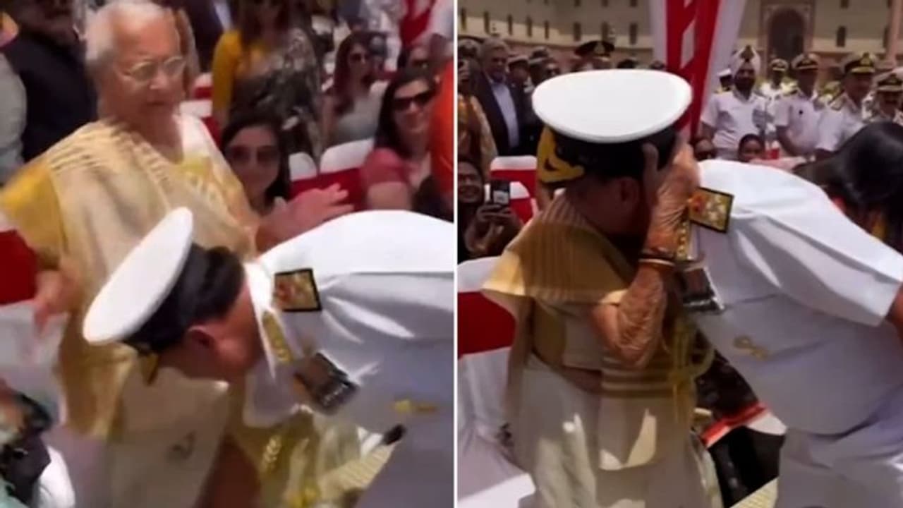 Heartwarming! Navy Chief Admiral Dinesh Tripathi touches mother's feet before taking charge (WATCH) Heartwarming! Navy Chief Admiral Dinesh Tripathi touches mother's feet before taking charge (WATCH)