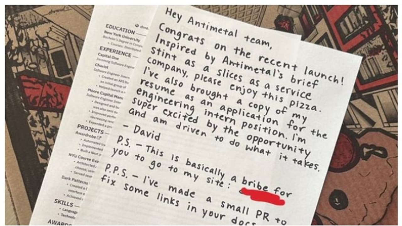 ജോലി വേണം, പിസയ്ക്കുള്ളില്‍ അപേക്ഷ സമര്‍പ്പിച്ച് ഉദ്യോഗാര്‍ത്ഥി; കമ്പനി സിഇഒയുടെ കുറിപ്പ് വൈറല്‍ 