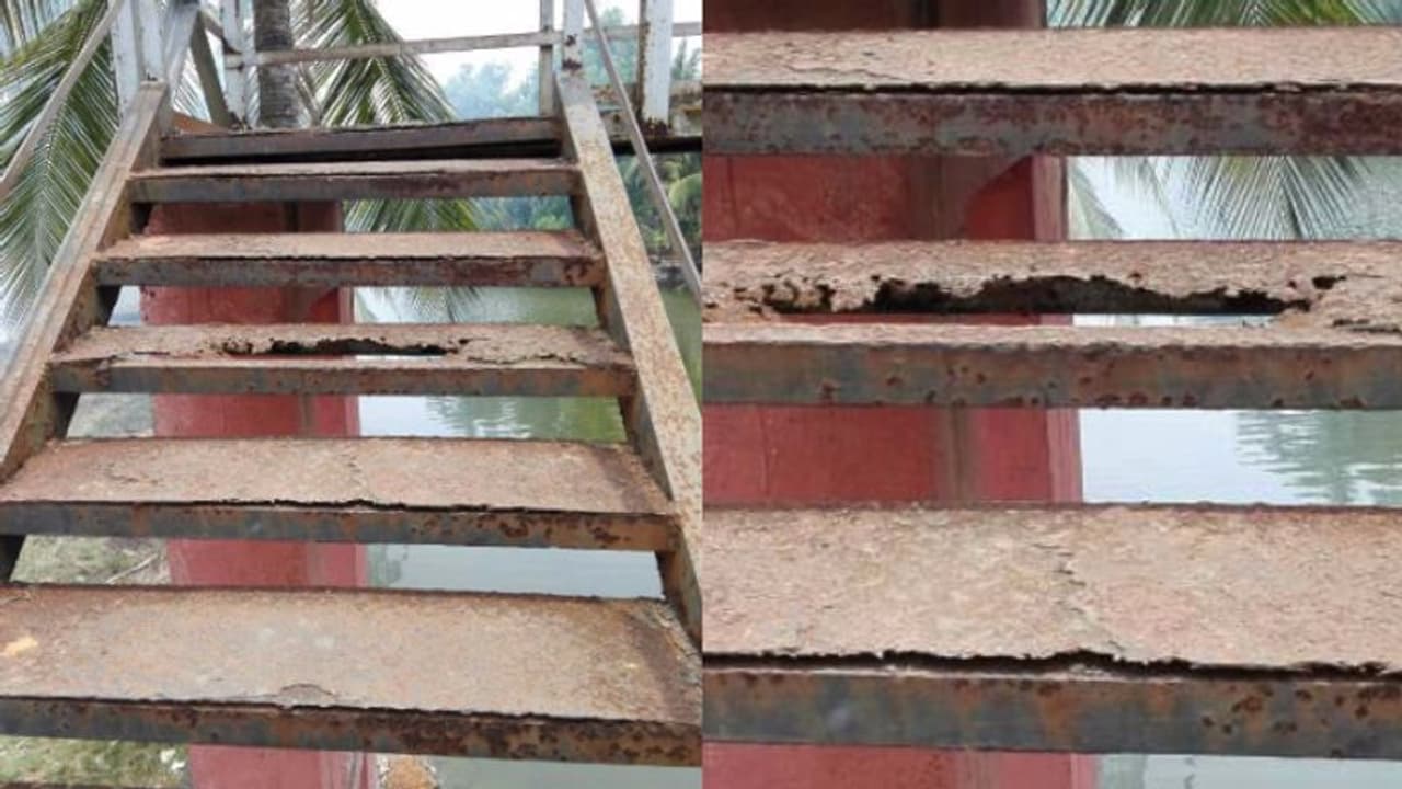 ജീവന് ഭീഷണിയല്ലേ, കുട്ടികളെങ്ങനെ പേടിക്കാതെ സ്കൂളിൽ പോകും! പടികള്‍ ദ്രവിച്ചു, ഒരുമനയൂര്‍ നടപ്പാലം അപകടാവസ്ഥയിൽ