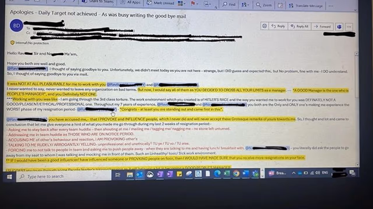 'Target not achieved, was busy writing goodbye mail': Employee calls out boss's toxic traits, post goes viral 'Target not achieved, was busy writing goodbye mail': Employee calls out boss's toxic traits, post goes viral