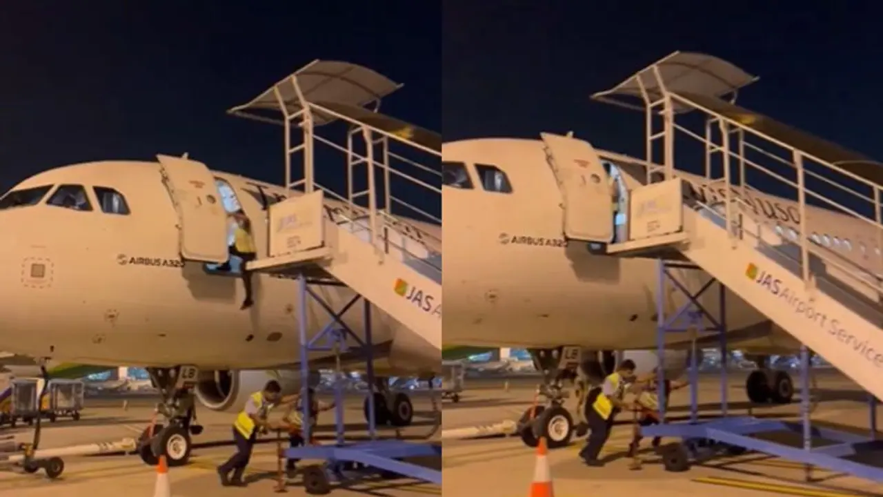 Viral Video: Terrifying moment man falls from plane in Indonesia after staff pull back stairs