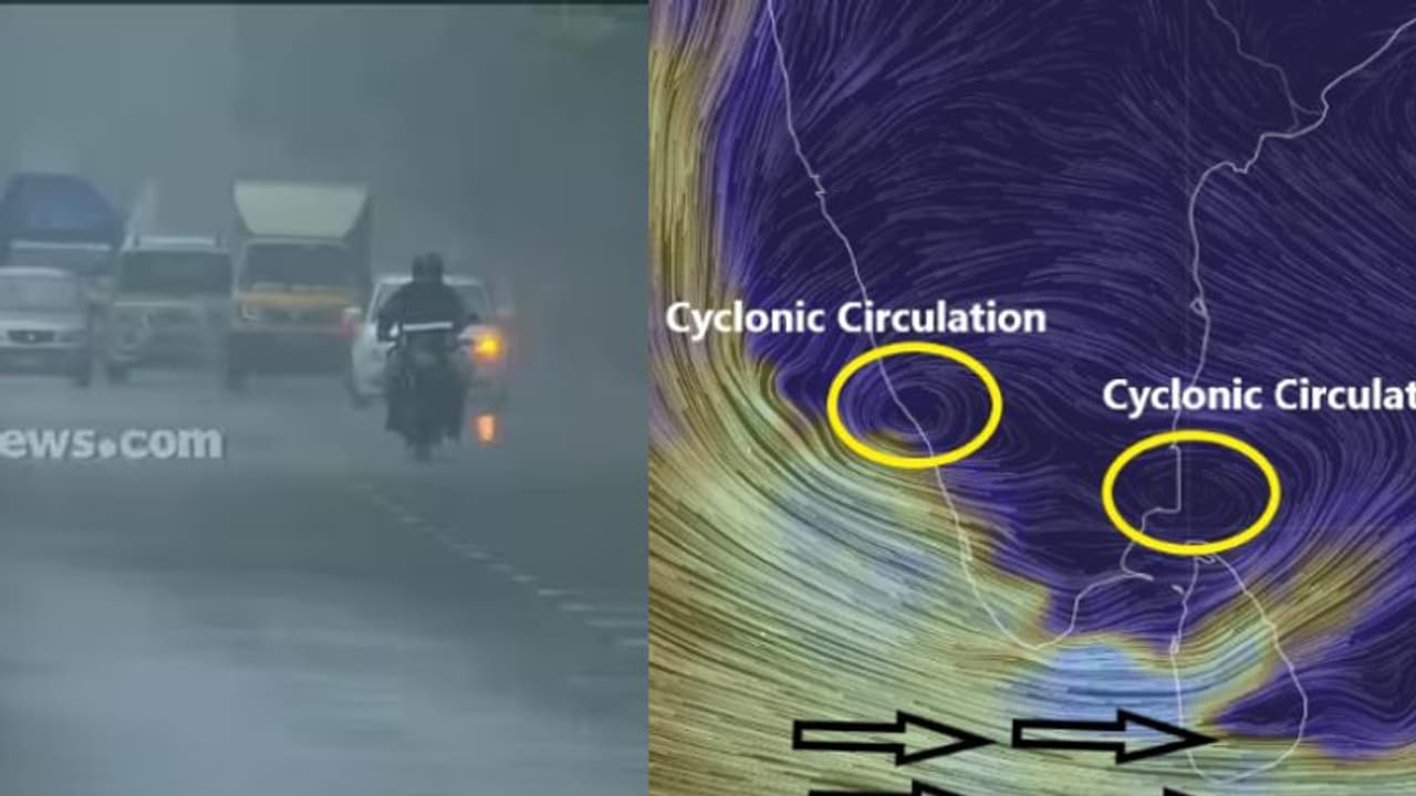 രണ്ട് ചക്രവാതച്ചുഴി, ന്യൂനമർദ്ദ പാത്തി; കേരളത്തിൽ 5 ദിവസം ഇടിമിന്നലോടെ ശക്തമായ മഴ, 50 കി.മി വേഗതയിൽ കാറ്റും രണ്ട് ചക്രവാതച്ചുഴി, ന്യൂനമർദ്ദ പാത്തി; കേരളത്തിൽ 5 ദിവസം ഇടിമിന്നലോടെ ശക്തമായ മഴ, 50 കി.മി വേഗതയിൽ കാറ്റും