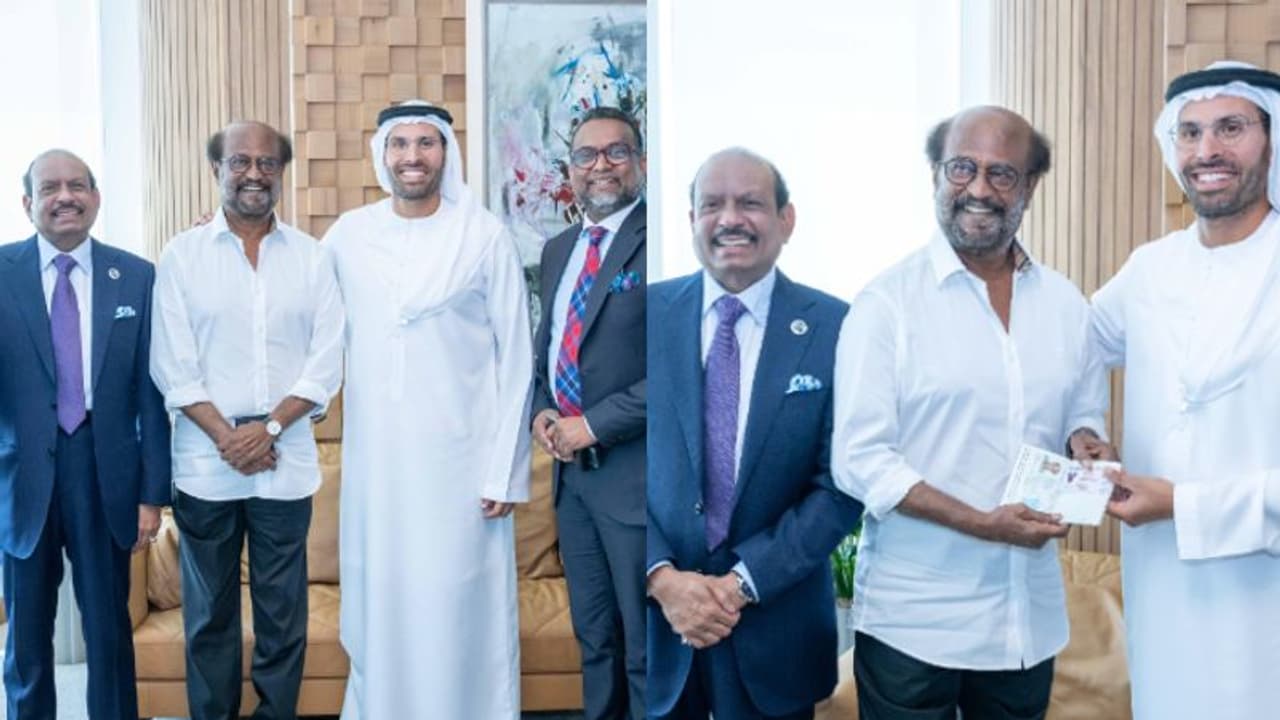 'അഭിമാനം' രജനീകാന്തിന് യുഎഇ ഗോൾഡൻ വിസ; യൂസഫലിക്കൊപ്പം ഡിസിടി ആസ്ഥാനത്തെത്തി സ്വീകരിച്ച് താരം