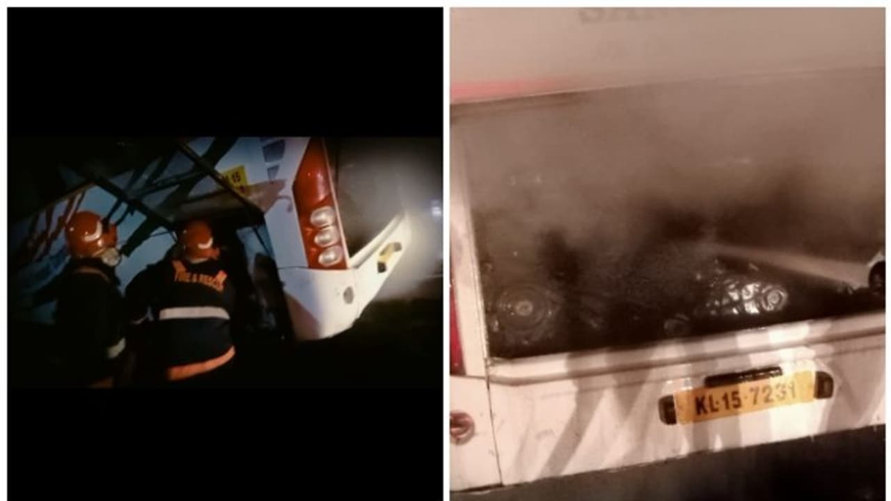 ഓടിക്കൊണ്ടിരിക്കെ കെ.എസ്.ആർ.ടി.സി ബസിന് തീപിടിച്ചു; ബൈക്ക് യാത്രക്കാരുടെ മുന്നറിയിപ്പിൽ വൻ ദുരന്തം ഒഴിവായി ഓടിക്കൊണ്ടിരിക്കെ കെ.എസ്.ആർ.ടി.സി ബസിന് തീപിടിച്ചു; ബൈക്ക് യാത്രക്കാരുടെ മുന്നറിയിപ്പിൽ വൻ ദുരന്തം ഒഴിവായി