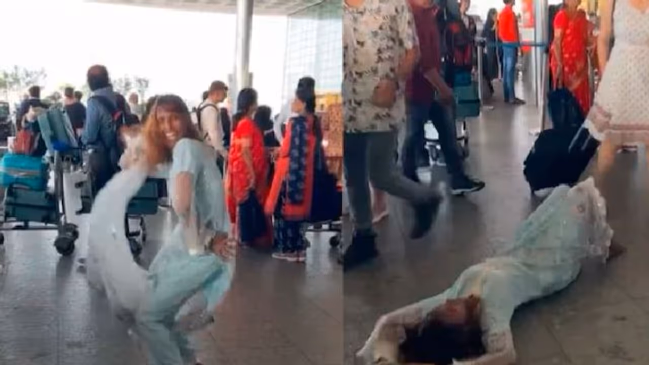 ಎದ್ದೂ ಬಿದ್ದೂ ನೆಲದಲ್ಲಿ ಹೊರಳಾಡ್ತಾಳೆ, ಏರ್ಪೋರ್ಟ್ನಲ್ಲಿ ಯುವತಿಯ ಡ್ಯಾನ್ಸ್; ಜನರು ಕಕ್ಕಾಬಿಕ್ಕಿ! ಎದ್ದೂ ಬಿದ್ದೂ ನೆಲದಲ್ಲಿ ಹೊರಳಾಡ್ತಾಳೆ, ಏರ್ಪೋರ್ಟ್ನಲ್ಲಿ ಯುವತಿಯ ಡ್ಯಾನ್ಸ್; ಜನರು ಕಕ್ಕಾಬಿಕ್ಕಿ!