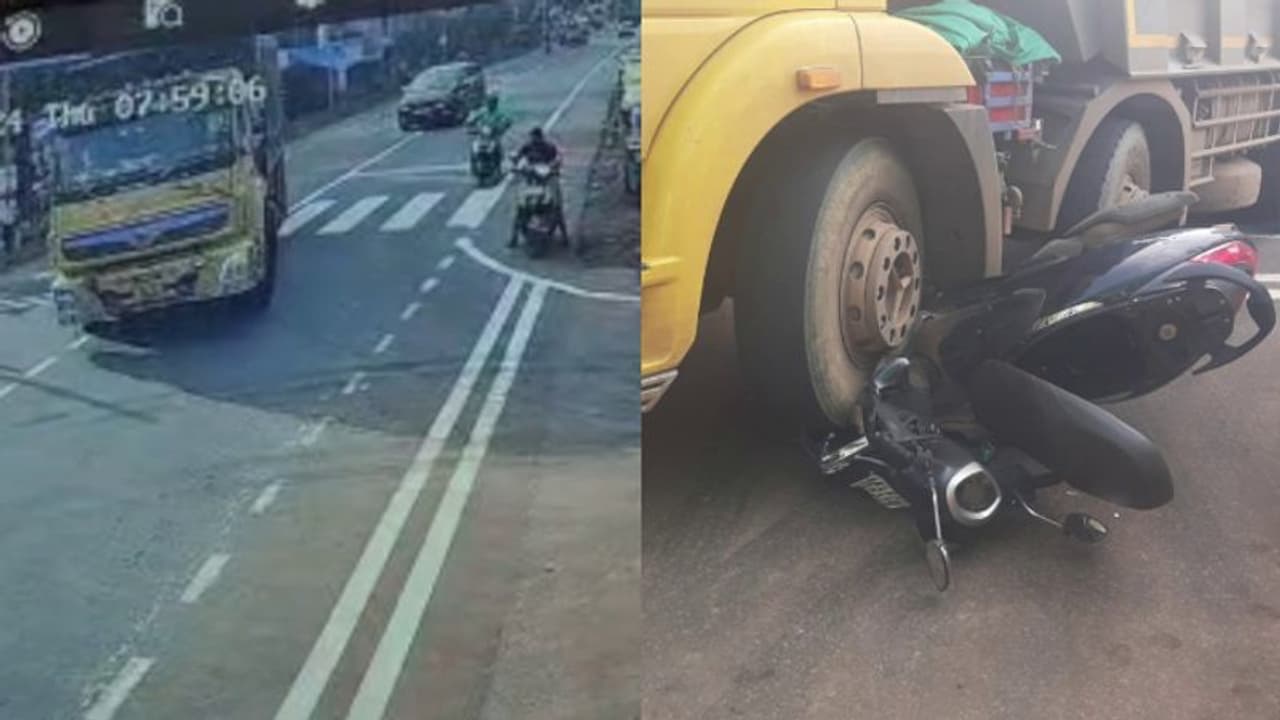 ലോറി ഇടറോഡിലേക്ക് തിരിയുന്നതിനിടെ സ്കൂട്ട‍ർ ഇടിച്ചു; ലോറിക്കടിയിൽപ്പെട്ട യുവാവ് രക്ഷപ്പെട്ടത് അത്ഭുതകരമായി