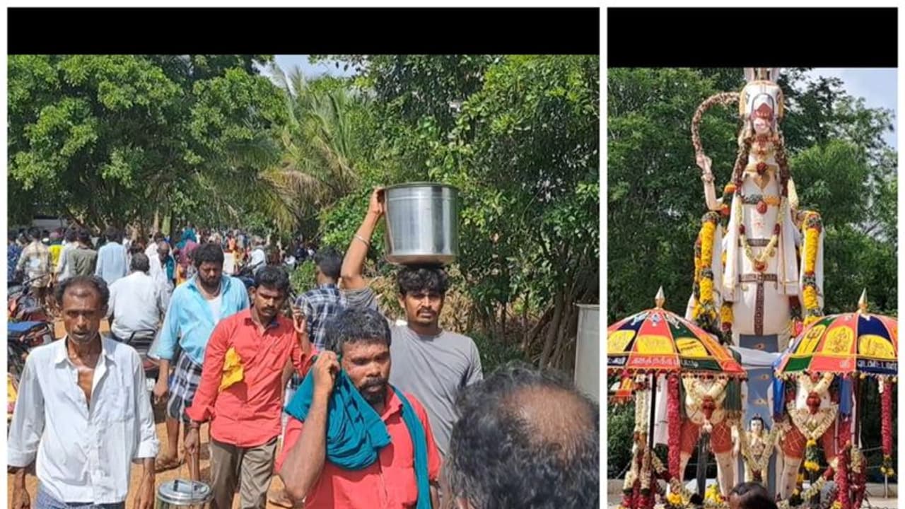 மலைபோல் குவிக்கப்பட்ட ஆட்டு கறி, சாதம்; திண்டுக்கல்லில் ஆண்கள் மட்டும் பங்கேற்ற வினோத திருவிழா