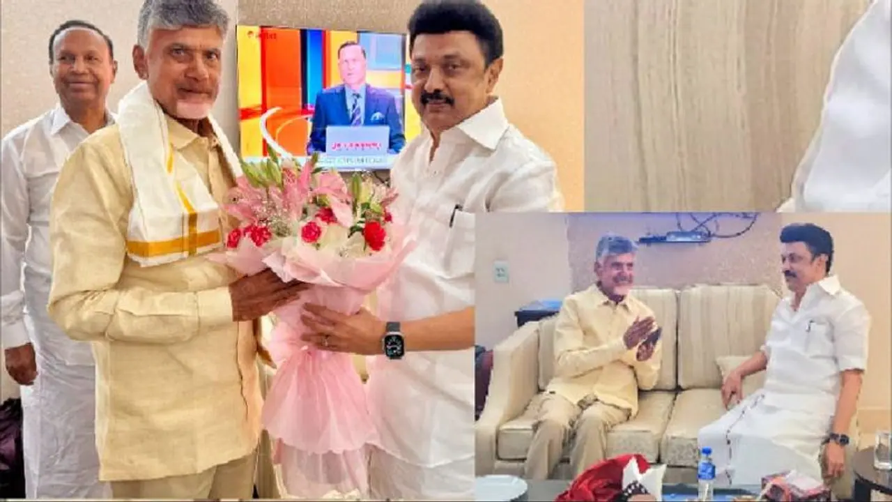 ದೆಹಲಿ ಏರ್‌ಪೋರ್ಟ್‌ನಲ್ಲಿ ಚಂದ್ರಬಾಬು ನಾಯ್ಡು ಭೇಟಿ ಮಾಡಿದ ಇಂಡಿಯಾ ಕೂಟದ ಸ್ಟಾಲಿನ್ 