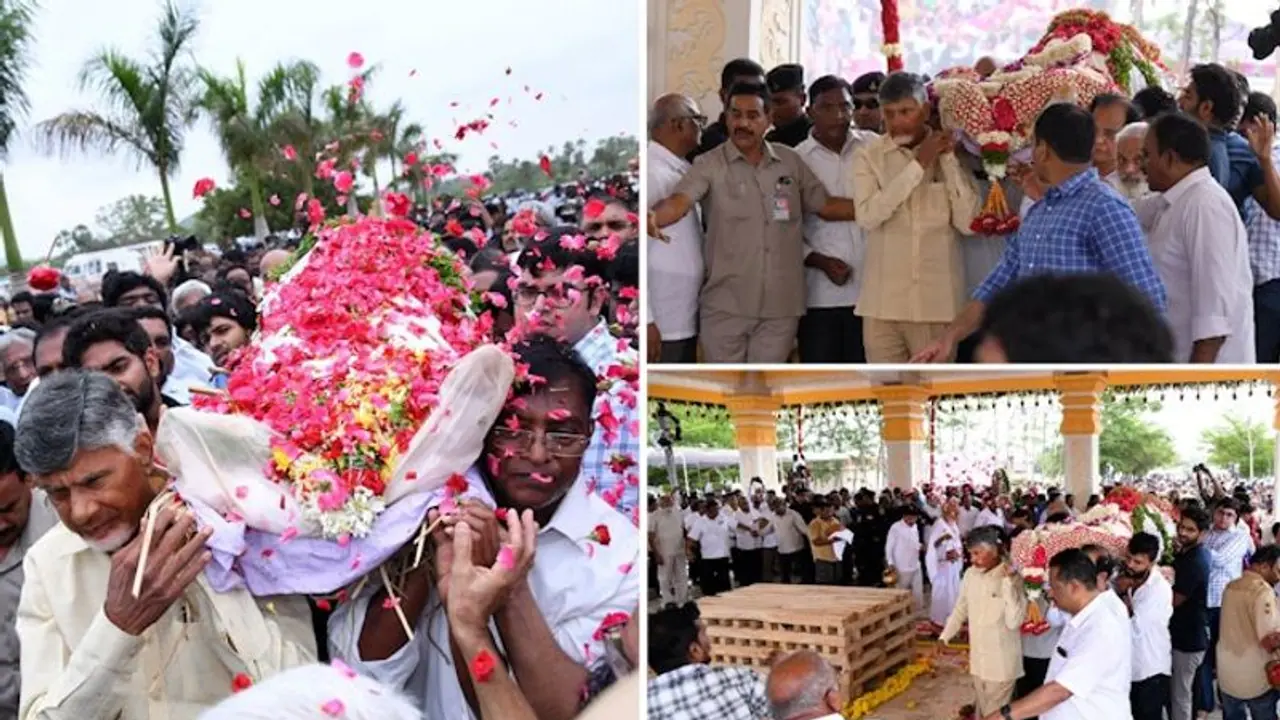 ರಾಮೋಜಿ ರಾವ್ ಪಾರ್ಥಿವ ಶರೀರಕ್ಕೆ ಹೆಗಲು ಕೊಟ್ಟ ಚಂದ್ರಬಾಬು ನಾಯ್ಡು