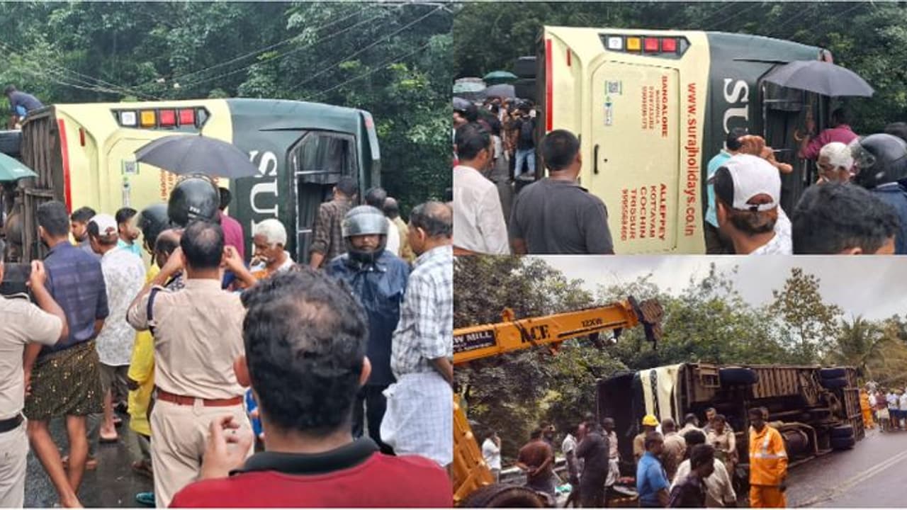 പാലാ തൊടുപുഴ റോഡിൽ അന്തർ സംസ്ഥാന ബസ് മറിഞ്ഞു; 15 പേർക്ക് പരിക്ക് പാലാ തൊടുപുഴ റോഡിൽ അന്തർ സംസ്ഥാന ബസ് മറിഞ്ഞു; 15 പേർക്ക് പരിക്ക്