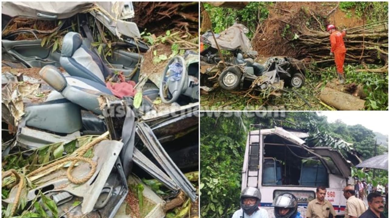 ശക്തമായ മഴയിൽ കെഎസ്ആർടിസി ബസിനും കാറിനും മുകളിലേക്ക് മരം വീണു, ഒരാൾ മരിച്ചു, 3 പേർക്ക് പരിക്ക് ശക്തമായ മഴയിൽ കെഎസ്ആർടിസി ബസിനും കാറിനും മുകളിലേക്ക് മരം വീണു, ഒരാൾ മരിച്ചു, 3 പേർക്ക് പരിക്ക്