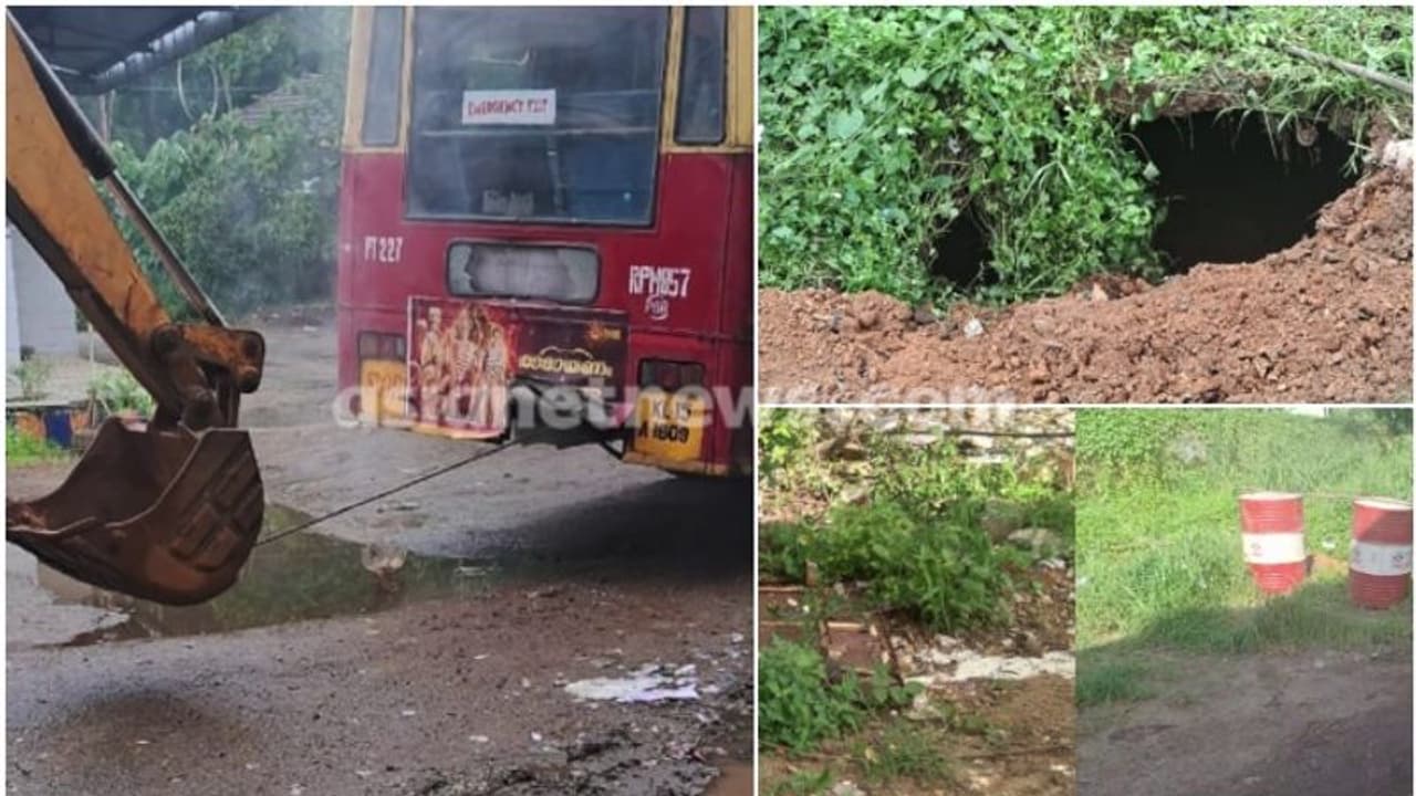 ഷണ്ടിംഗ് ഡ്രൈവർ ബസ് എടുത്തതും അപകടം, കെഎസ്ആർടിസി കക്കൂസ് കുഴിയിലേക്ക് വീണു; വലിച്ചു കയറ്റിയത് ജെസിബി