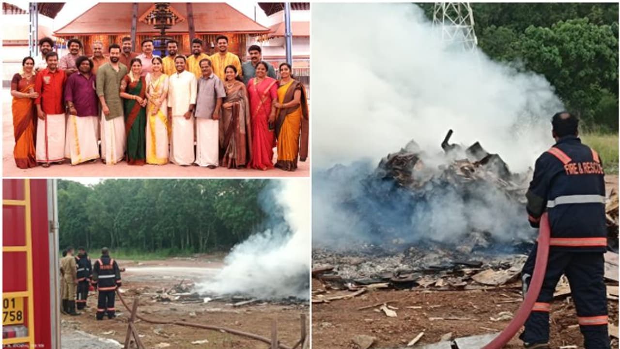 'ഗുരുവായൂർ അമ്പല നടയിൽ' സെറ്റിന്റെ അവശിഷ്ടങ്ങൾ കൂടിയിട്ടു കത്തിച്ചു; എലൂരിൽ മാലിന്യപ്പുക, ഫയർഫോഴ്സെത്തി അണച്ചു