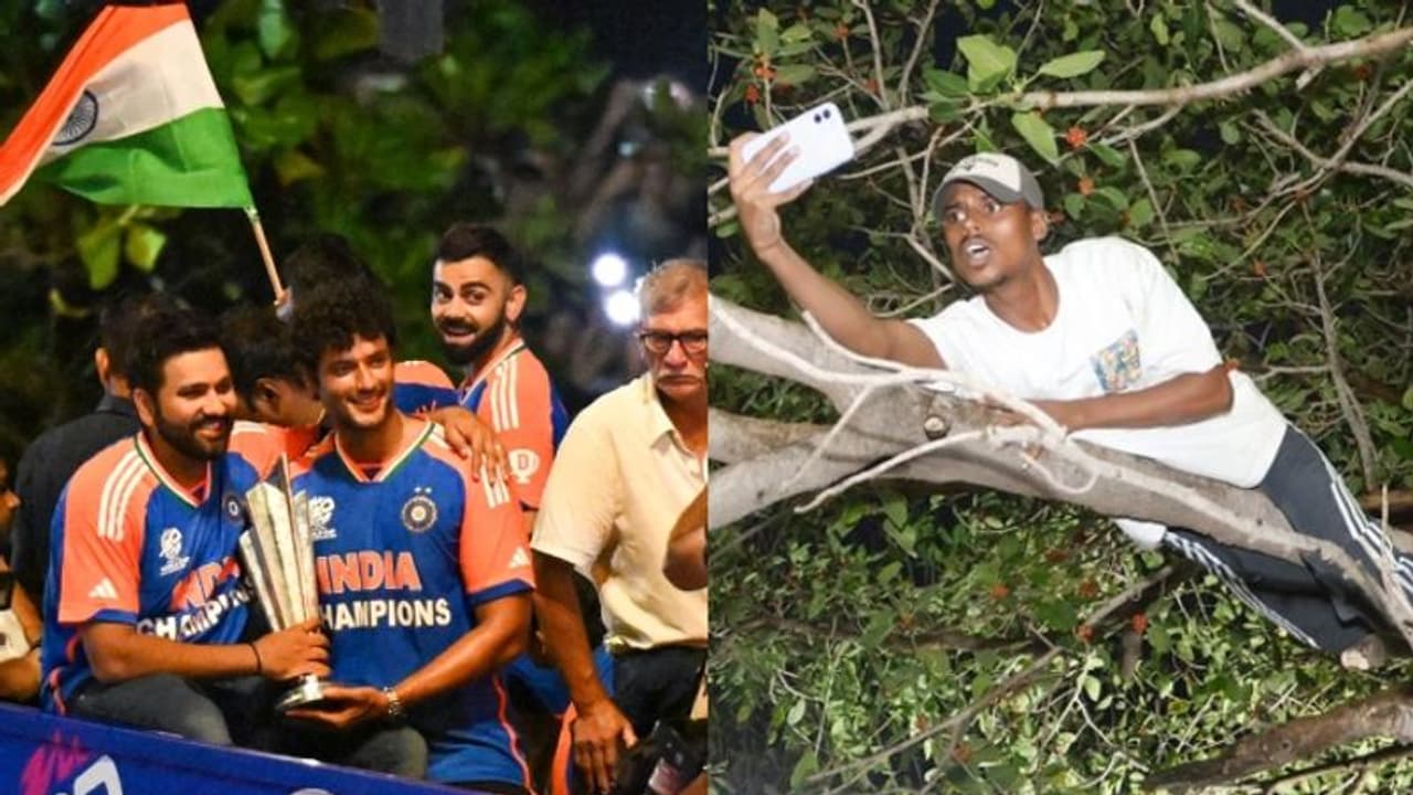 മരംകയറിയ ആവേശം, ഇന്ത്യൻ ടീമിന്റെ വിക്ടറി പരേഡിനൊപ്പം വൈറലായി ആരാധകൻ; പ്രതികരിച്ച് രോഹിത്തും കോലിയും മരംകയറിയ ആവേശം, ഇന്ത്യൻ ടീമിന്റെ വിക്ടറി പരേഡിനൊപ്പം വൈറലായി ആരാധകൻ; പ്രതികരിച്ച് രോഹിത്തും കോലിയും