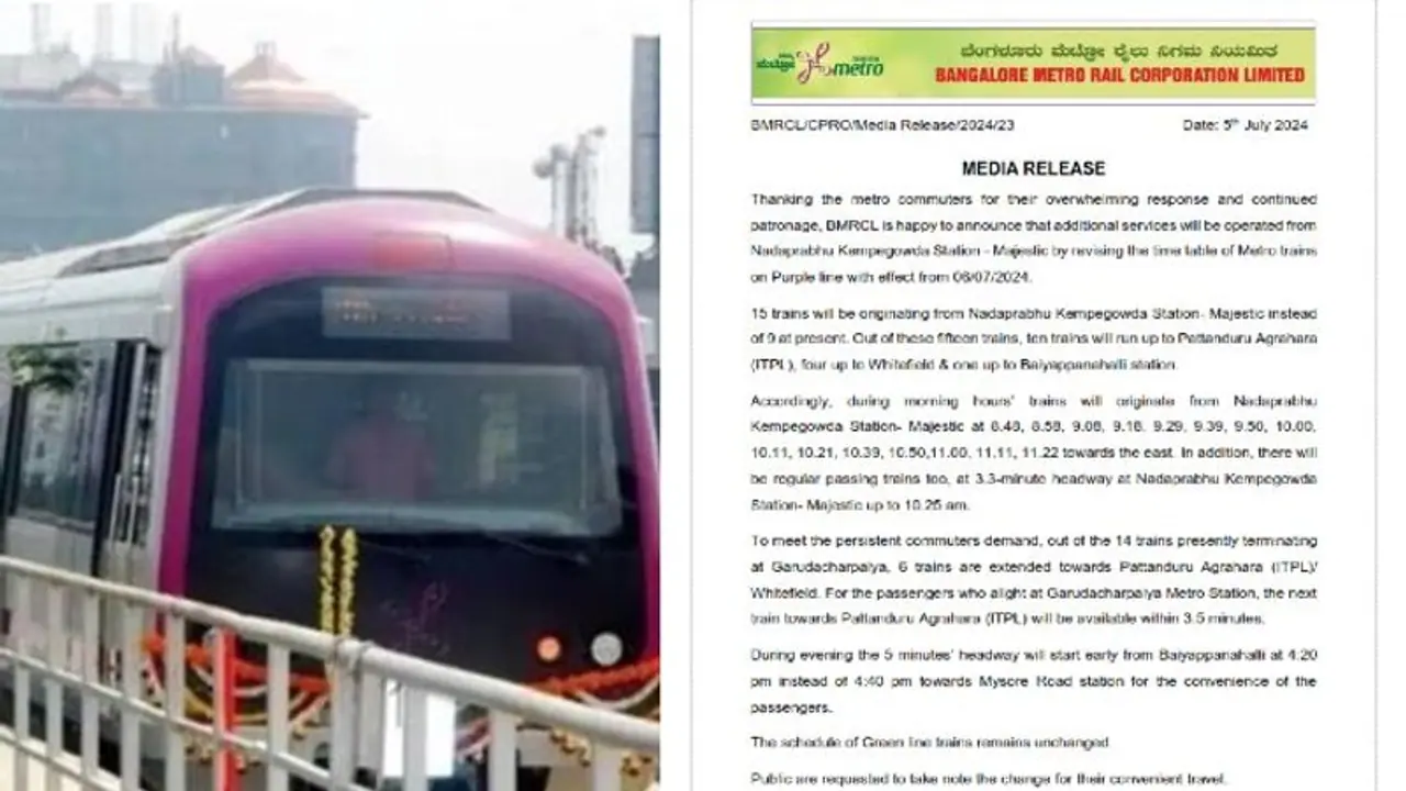 Bengaluru’s Purple Line metro to add 6 more trains from Majestic, reducing wait time to 3.5 minutes