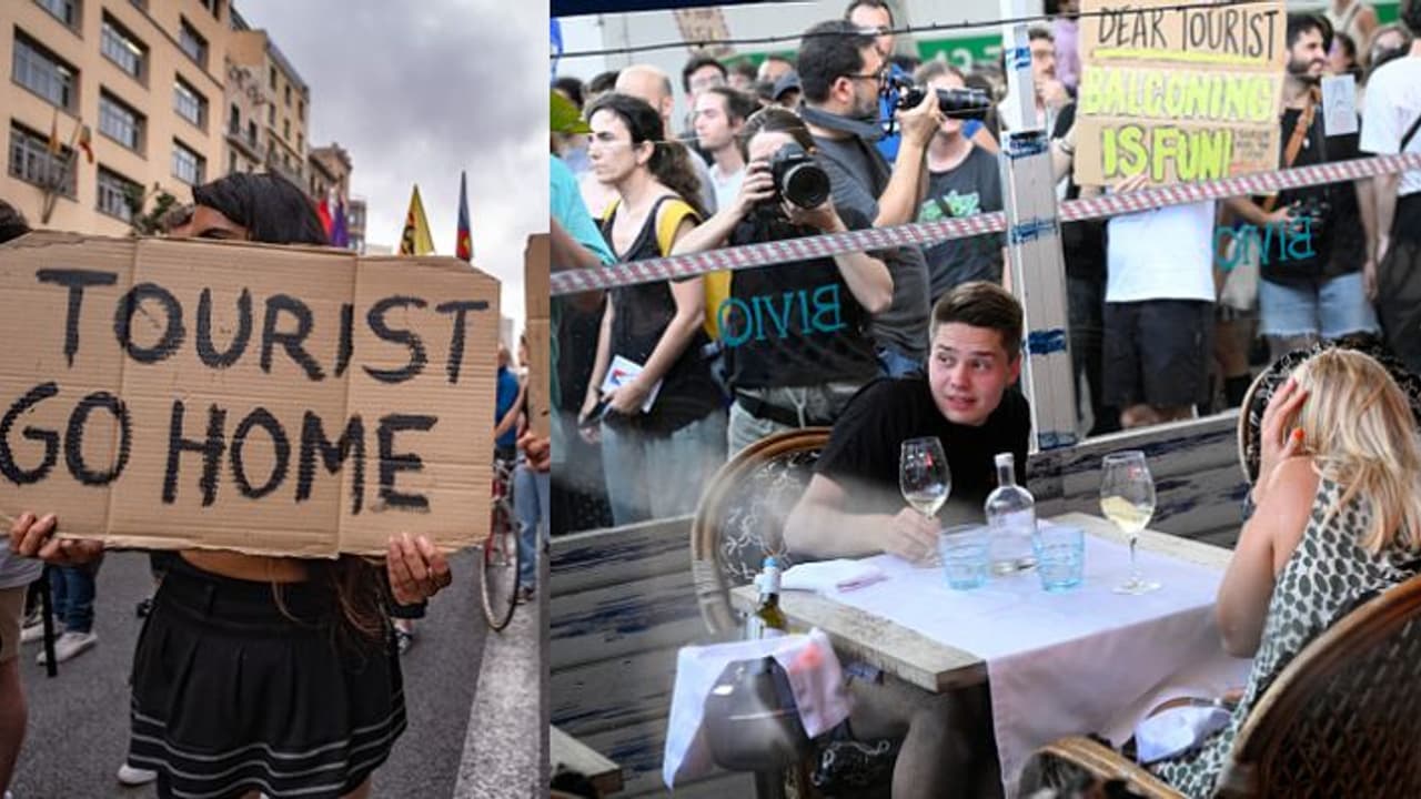 വാട്ടർഗണ്ണുമായി പ്രതിഷേധക്കാർ, ഹോട്ടലുകളുടെ അകത്ത് അഭയം തേടി വിനോദ സഞ്ചാരികൾ, ബാർസിലോണിയയിൽ വൻ പ്രതിഷേധം 