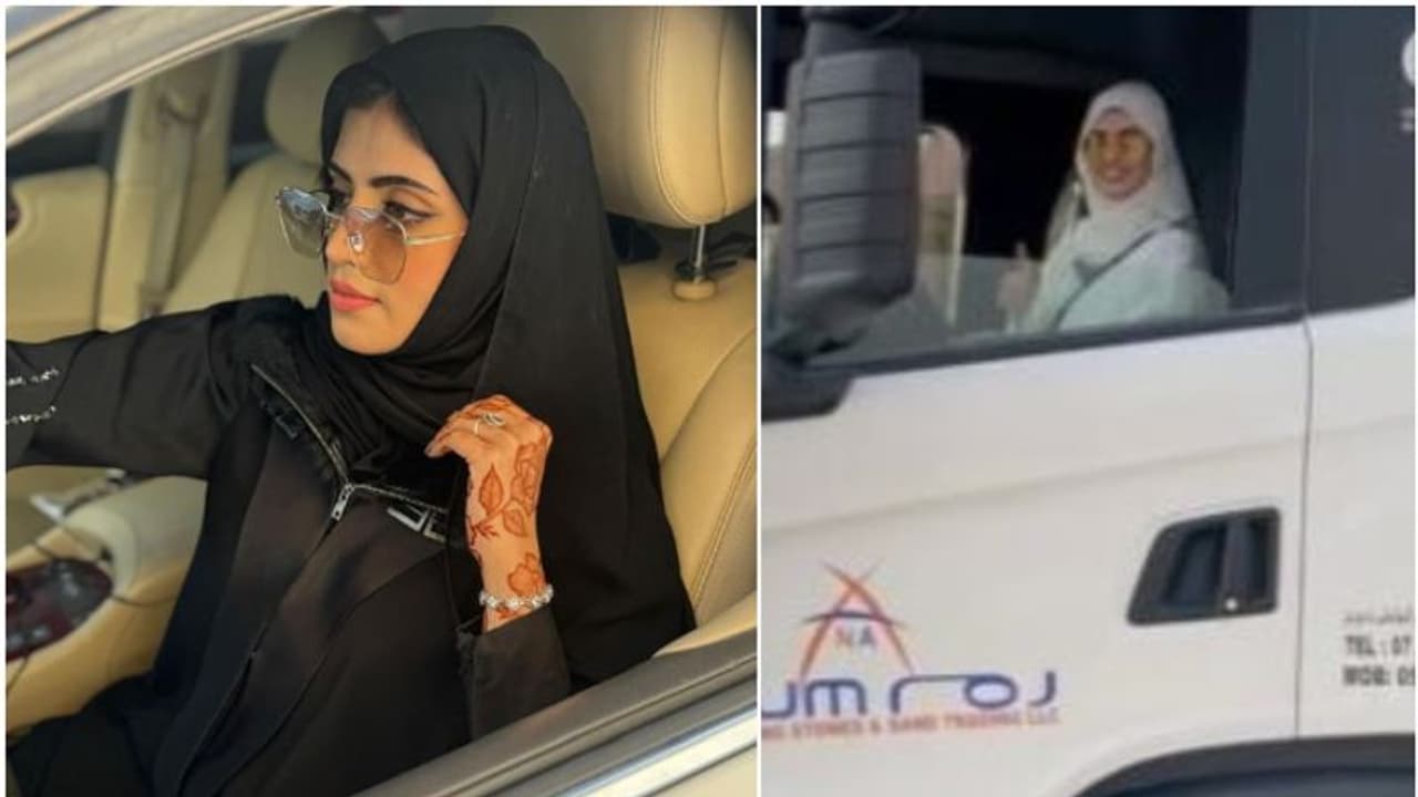 അബായ ധരിച്ച സുന്ദരി; ഒട്ടും ഹെവിയല്ല, ഇതൊക്കെ വളരെ ലൈറ്റ്! 22 ചക്രങ്ങളുള്ള ട്രക്ക് കയ്യിലൊതുക്കി യാത്ര