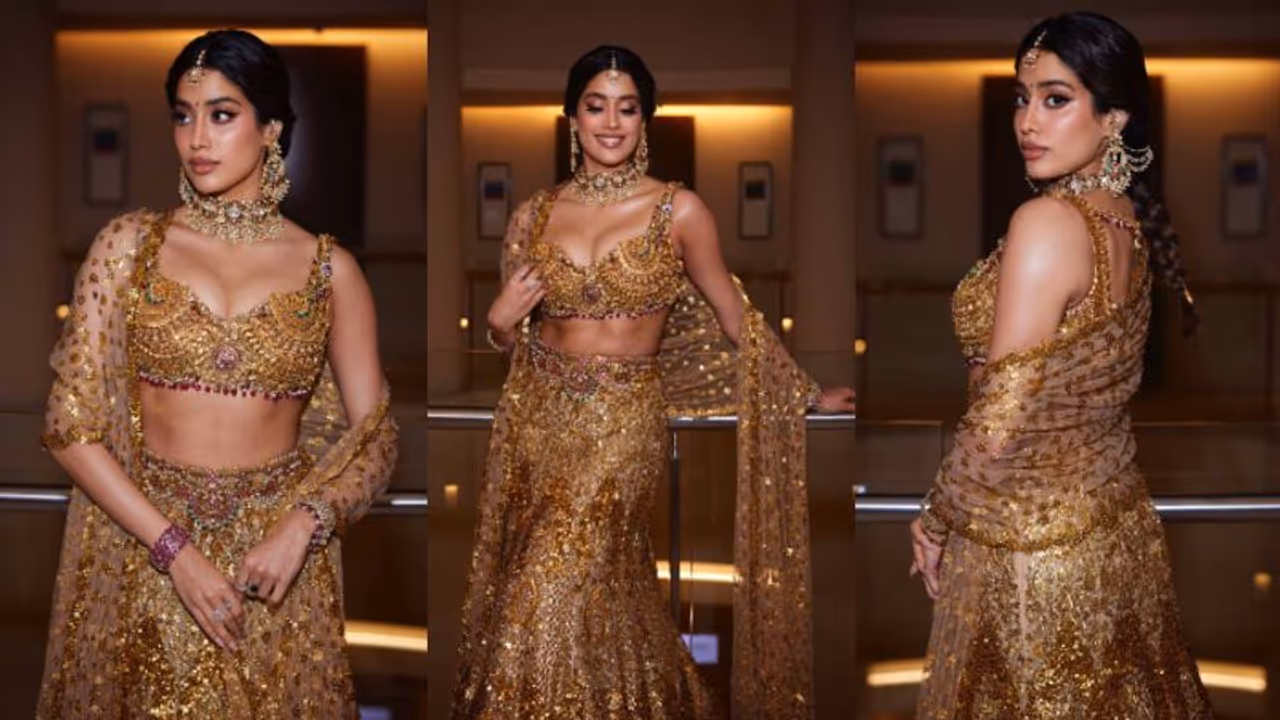 'തനി തങ്കം'; ആഡംബര കല്യാണത്തിന് സ്വർണ്ണ ആഭരണങ്ങൾ കൊണ്ട് നിർമ്മിച്ച ലെഹങ്കയില്‍ തിളങ്ങി ജാന്‍വി കപൂര്‍
