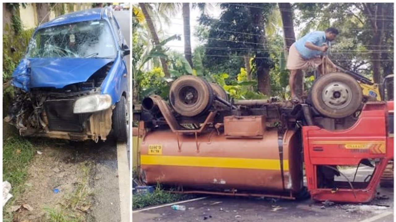 കാറുമായി കൂട്ടിയിടിച്ച ടാങ്കർ ലോറി നിയന്ത്രണംവിട്ടു മറിഞ്ഞു; കുട്ടികൾ ഉൾപ്പെടെ 11 പേർക്ക് പരിക്ക് കാറുമായി കൂട്ടിയിടിച്ച ടാങ്കർ ലോറി നിയന്ത്രണംവിട്ടു മറിഞ്ഞു; കുട്ടികൾ ഉൾപ്പെടെ 11 പേർക്ക് പരിക്ക്