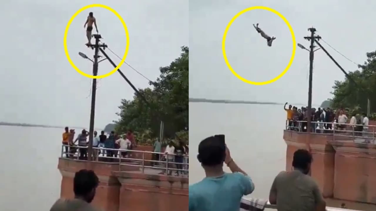 ರೀಲ್ಸ್‌ಗಾಗಿ ವಿದ್ಯುತ್ ಕಂಬ ಹತ್ತಿ ತುಂಬಿ ಹರಿಯುತ್ತಿರುವ ಗಂಗಾ ನದಿ ಹಾರಿದ ಯುವಕ!