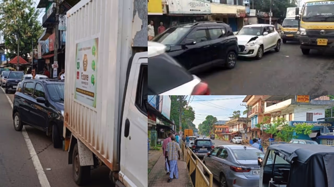 എം സി റോഡിൽ കെസ്ആർടിസി ബസ് പെട്ടന്ന് ബ്രേക്കിട്ടു, 4 വാഹനങ്ങൾ ഇടിച്ചുകയറി അപകടം, ഗതാഗതക്കുരുക്ക് 