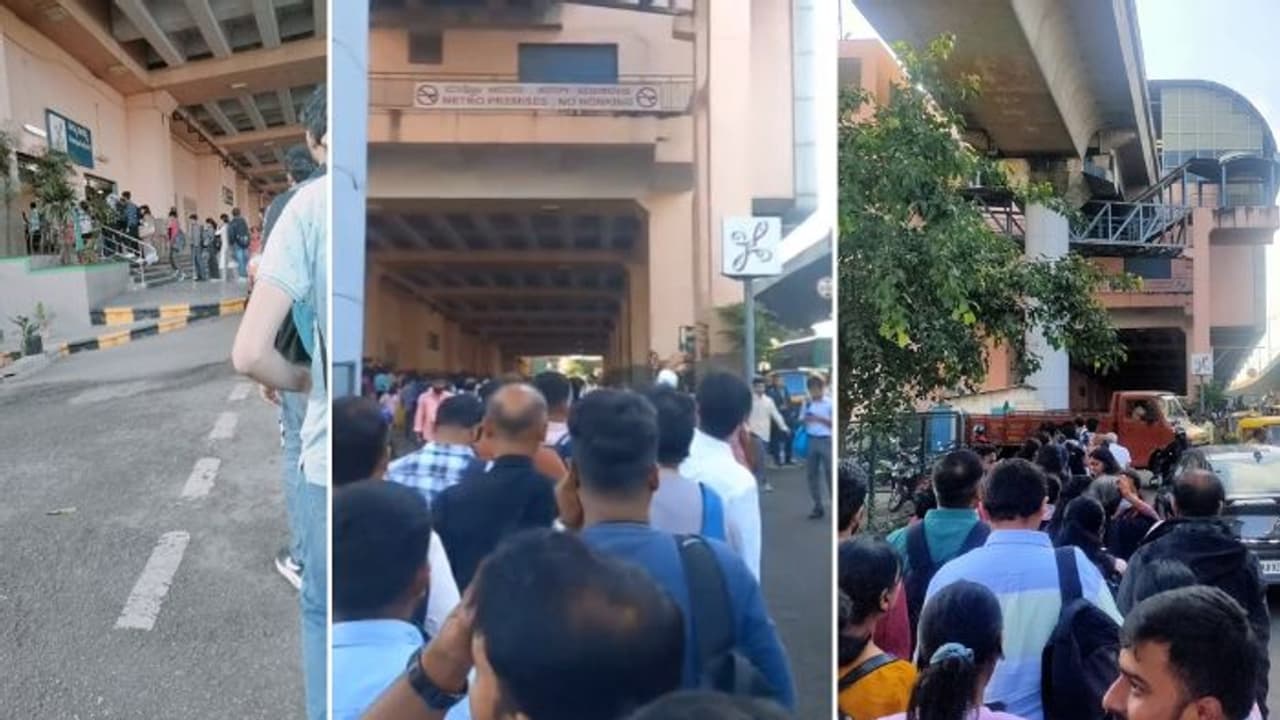 BMRCL halts metro service between Nagasandra to Peenya industry; Commuters frustrated at long queues (WATCH) BMRCL halts metro service between Nagasandra to Peenya industry; Commuters frustrated at long queues (WATCH)