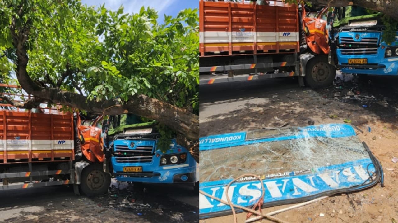 തൃത്തല്ലൂരിൽ ബസും ലോറിയും കൂട്ടിയിടിച്ചു, ക്യാബിനിൽ കുരുങ്ങി ഡ്രൈവർക്ക് ദാരുണാന്ത്യം, 32 പേര്‍ക്ക് പരിക്ക്