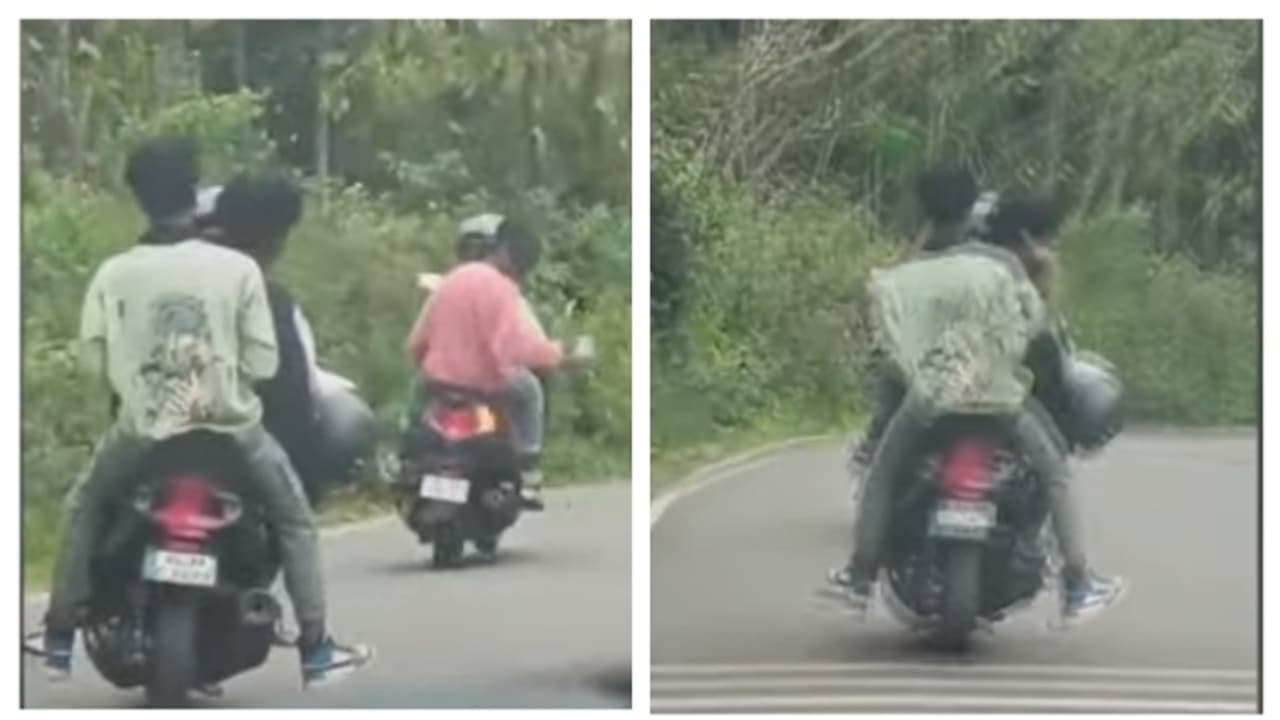 ഒരു ബൈക്കിൽ 3 പേർ: ഹെല്‍മെറ്റില്ല, റോഡിൽ അഭ്യാസപ്രകടനവുമായി യുവാക്കൾ; ദൃശ്യങ്ങൾ മോട്ടോർവാഹന വകുപ്പിന് ലഭിച്ചു