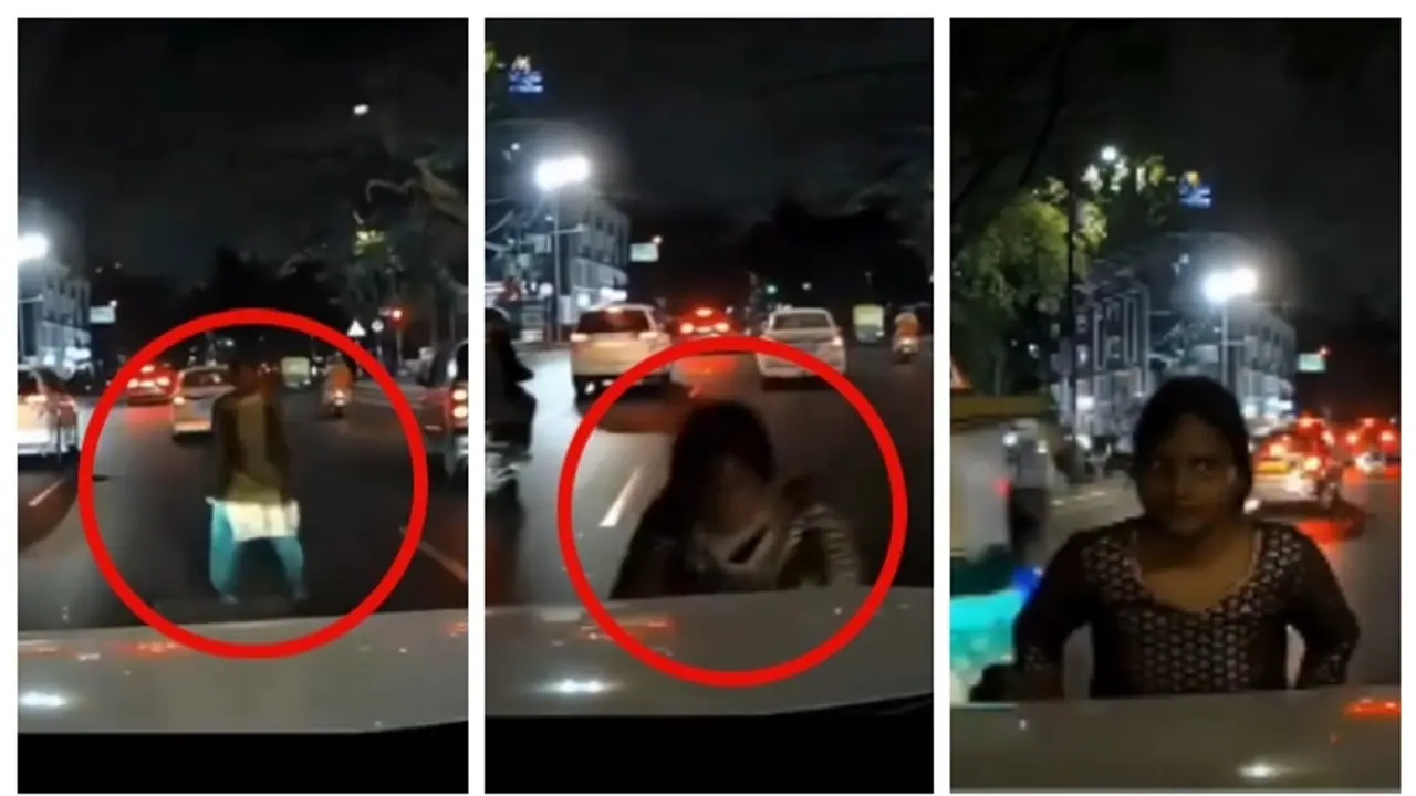 ഞെട്ടിക്കുന്ന ദൃശ്യങ്ങൾ; ബെംഗളൂരുവിലെ തിരക്കേറിയ റോഡിൽ കാറിന്‍റെ മുന്നിലേക്ക് ചാടി യുവതി, പുതിയ തട്ടിപ്പ് 