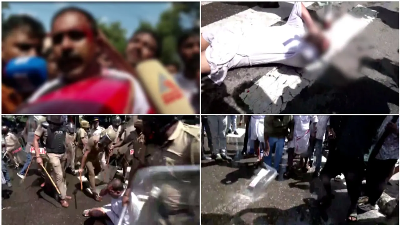 അബിൻ വർക്കിയെ മാർച്ചിനിടെ വളഞ്ഞിട്ട് തല്ലി പൊലീസ്; തലപൊട്ടി ചോരയൊലിച്ചു, തലസ്ഥാനത്ത് സംഘർഷം