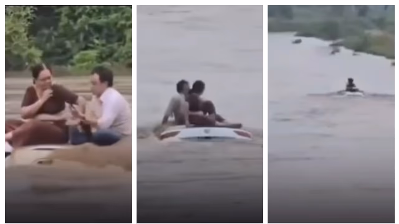 കുത്തിയൊഴുകുന്ന നദിയിൽ മുങ്ങിയ കാറിന്‍റെ മുകളില്‍ ഇരിക്കുന്ന ദമ്പതികൾ: വീഡിയോ കണ്ട് അമ്പരന്ന് സോഷ്യൽ മീഡിയ