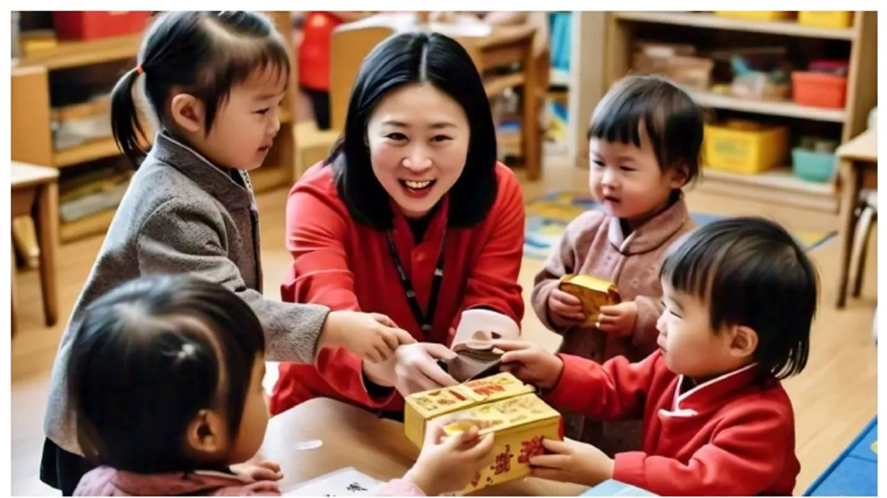 Chinese Nursery students give some chocolate to the teacher