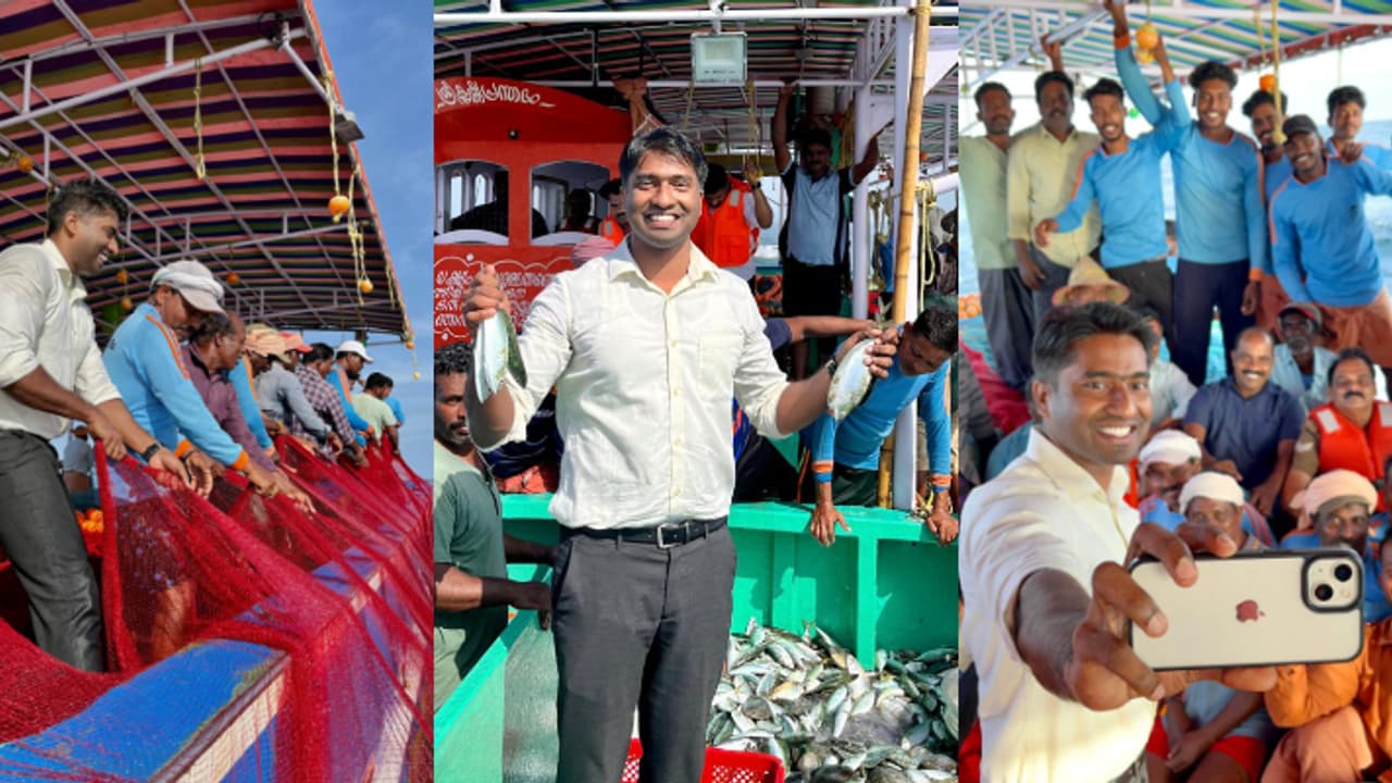 'ദുരിതം നേരിട്ടറിയണം'; മത്സ്യത്തൊഴിലാളികൾക്കൊപ്പം കടലിൽ മീൻ പിടിക്കാനിറങ്ങി, വല വലിച്ച് തൃശൂർ ജില്ലാ കളക്ടർ