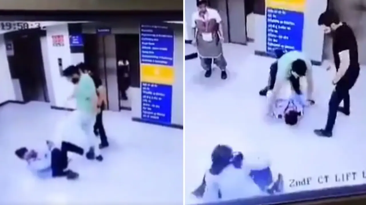 2 men brutally thrash security guard, push woman staff after argument over lift in Noida's JP Hospital (WATCH)